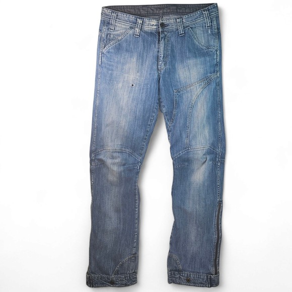 G Star Jeans Size 34 x 34 Low Com Straight Leg Zip Ankle Flap Pockets Distressed - Picture 2 of 13